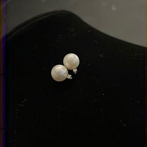 Vintage Genuine Akoya Pearl earrings with Diamonds 14k White Gold 7mm